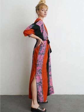 Women’s Pink & Orange Tie-Dye Wrap Maxi Dress with Black Accents